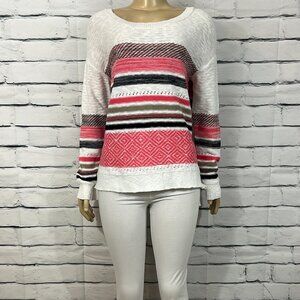 NWT Cotton Country Sweater Womens Pink Beige Combo Round Neck Tight Knit